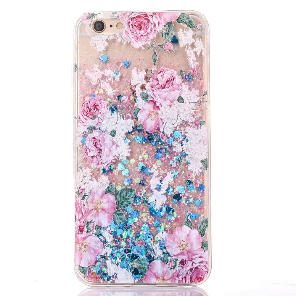 Carcasa For iPhone 6S 6Plus Flower Clear Hard Phone Bumper Coque X 7 8 7Plus 8Plus Floral Bling Liquid Cover |