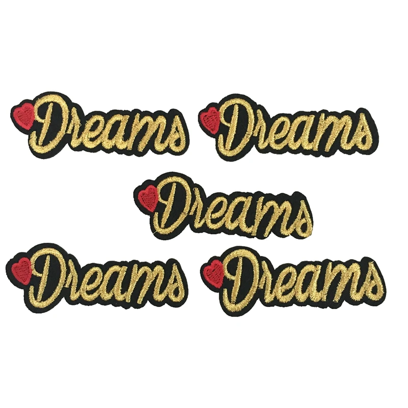 

2Pcs/lot Gold Embroidered Dreams Sewing Iron on Patches for Clothes Small Letters Embroidery Applique DIY Decoration Patch Badge