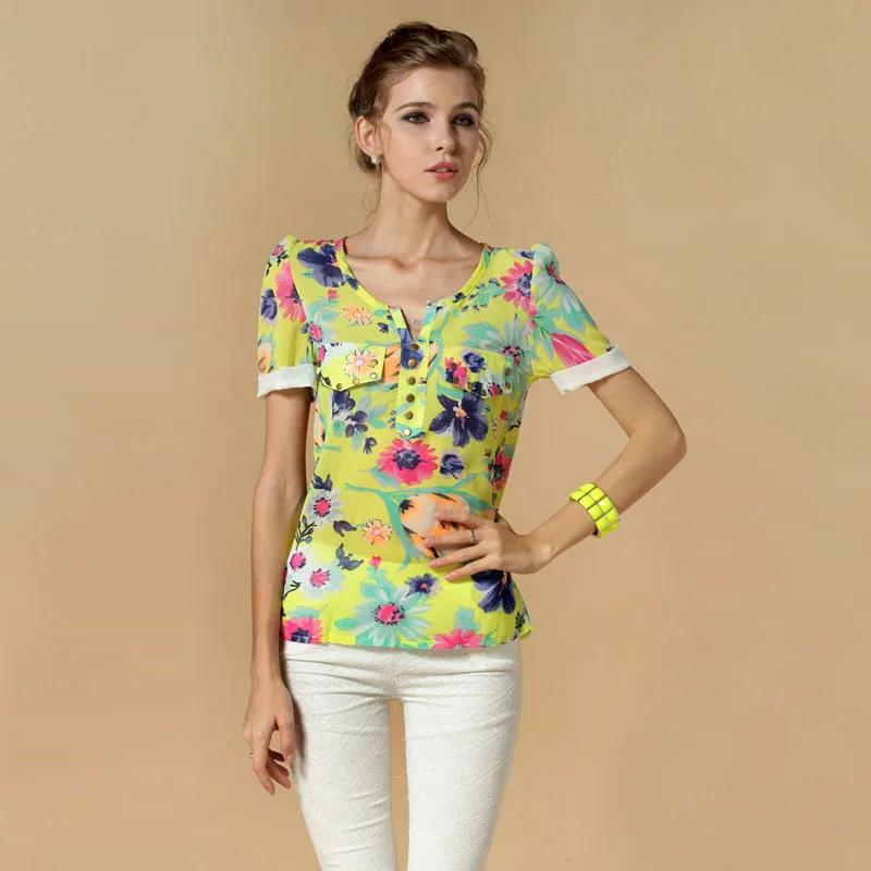 Женская шифоновая футболка с цветочным принтом летний топ коротким рукавом