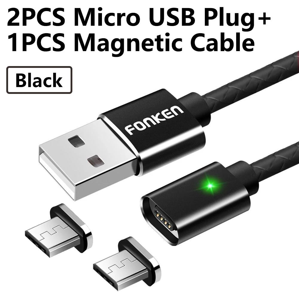 2 Plug 1 black cord Магнитный кабель Micro USB FONKEN, магнитный кабель Mini USB для мобильного телефона, быстрое зарядное устройство, 1 м, макс. 2,4 А, светодиодный кабель для зарядки и синхронизации данных - Цвет: 2 Plug 1 black cord