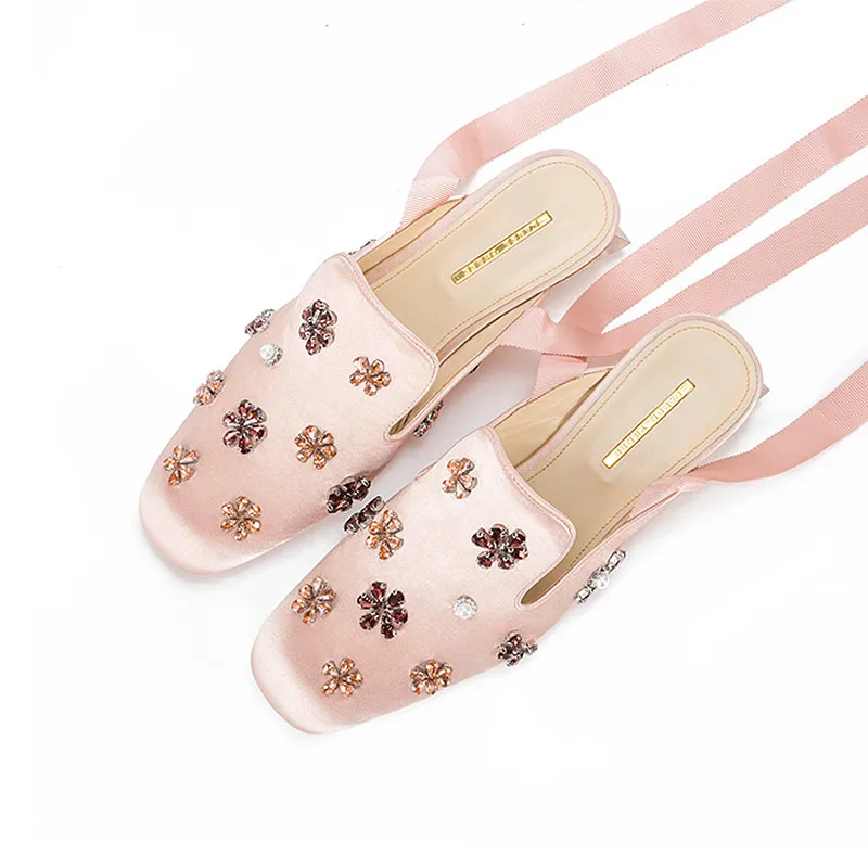 2019 hot sale sweet floral mule sandals woman fashion slides slip on round toe slippers clear heel mules | Обувь
