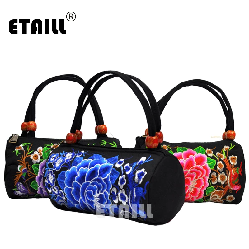 ETAILL винтажная цилиндрическая Сумка тоут с вышивкой Hmong сумка мессенджер на плечо