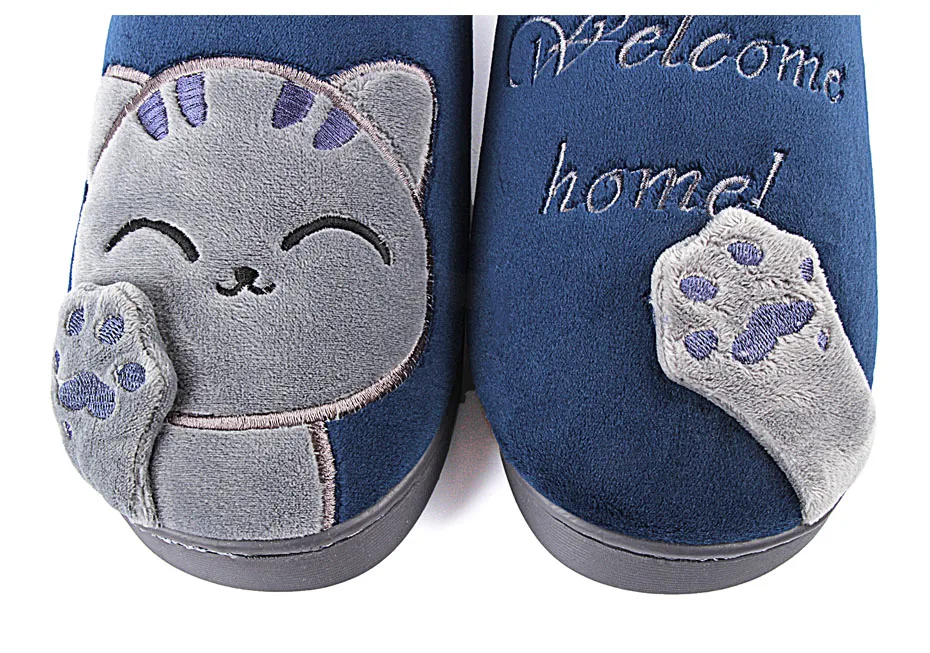 ShoeFurry/домашние тапочки; хлопковая обувь; коллекция года; зимние домашние тапочки с рисунком кота; мужские Нескользящие мягкие тапочки; теплые плюшевые Тапочки Мужские тапочки для спальни Осень сгущает обувь