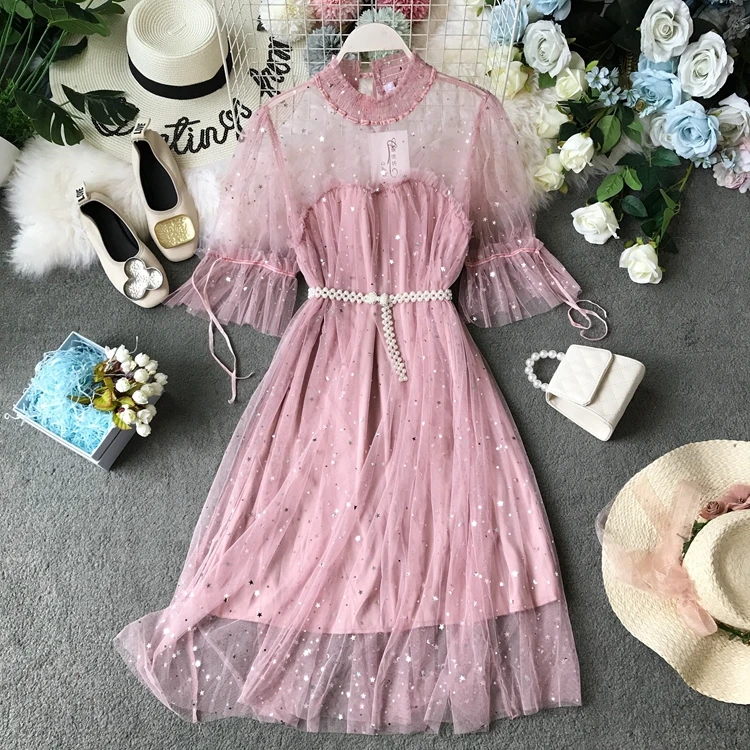 Женское кружевное платье ALPHALMODA блестящее с бисером и поясом на лето 2019|Женские