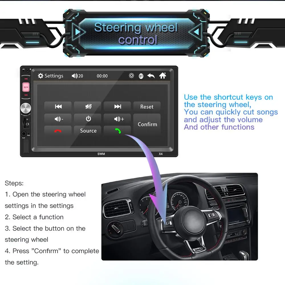SWM Авто Радио 2 Din 7 &quot Авторадио Handsfree рулевое колесо управление автомобиля стерео