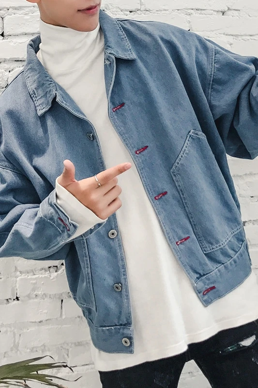 

Coats Embroidery Blue Classic style Pure olor Fashion Autumn OuterWear Men Denim 5XL Loose Male New Youth Casual MOOWNUC MWC