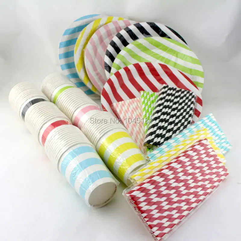 

Wedding Table Decoration Dining Set Mixed Colors Paper Plates Paper Cups Paper Straws Chevron Striped Dot Kids Birthday Supplies