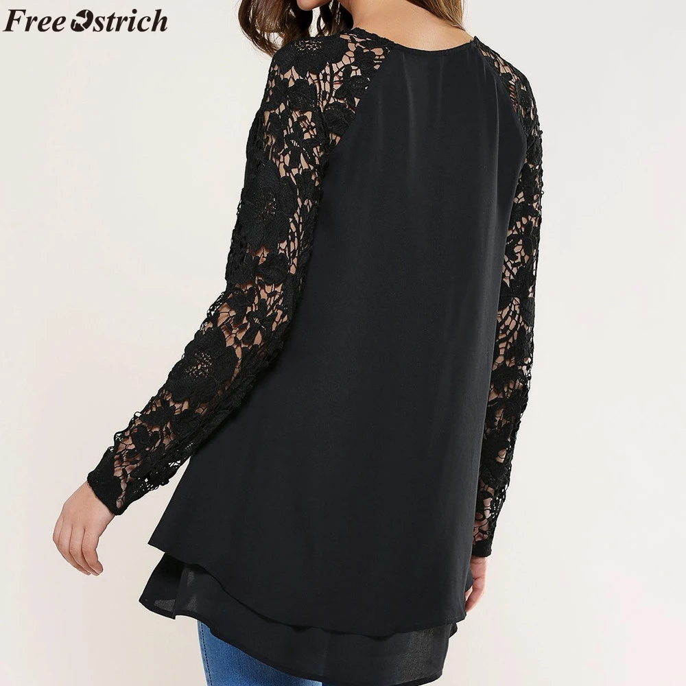 Бесплатная Страусиная Женская Лоскутная кружевная Двухслойная футболка с