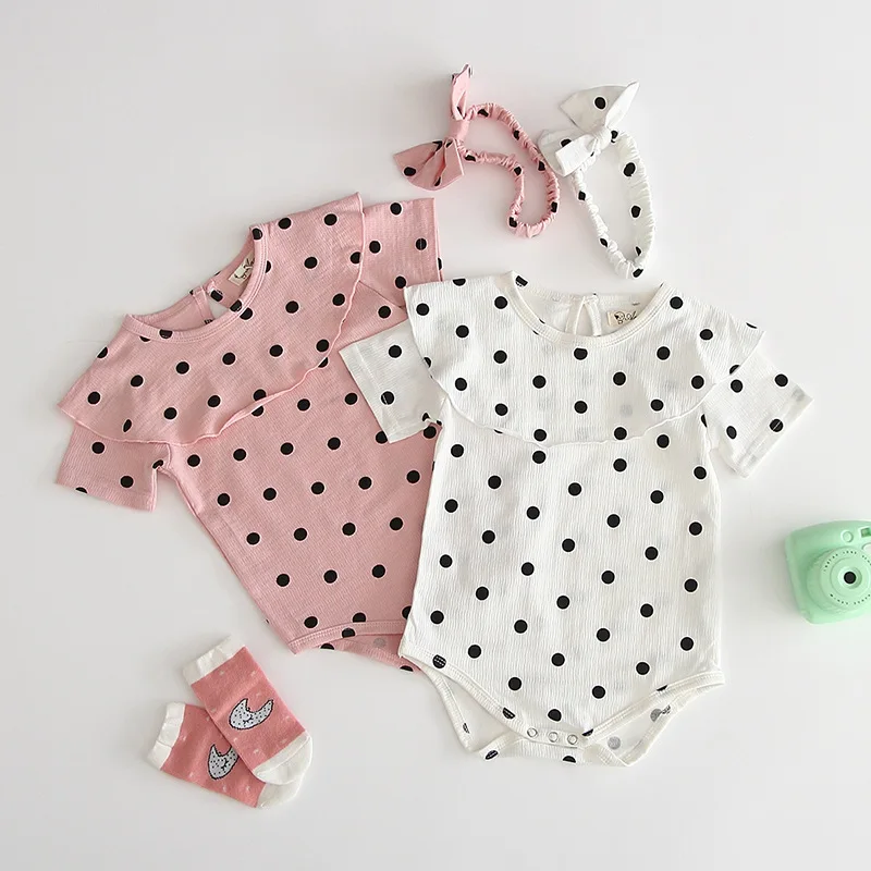 

New Toddler Baby Print Dot Rompers with Hairband Princess Candy Pink White Color Lovely Kids Girls Infant Clothes Romper