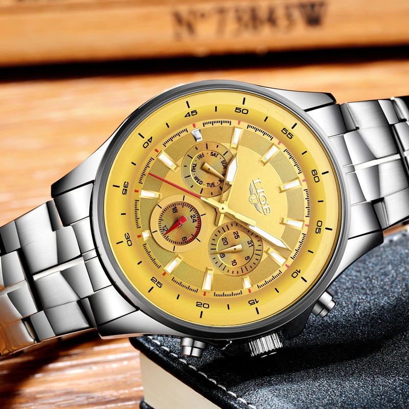 Lige Элитный бренд Мужские часы золотые Для мужчин кварцевые Полный Сталь ремень