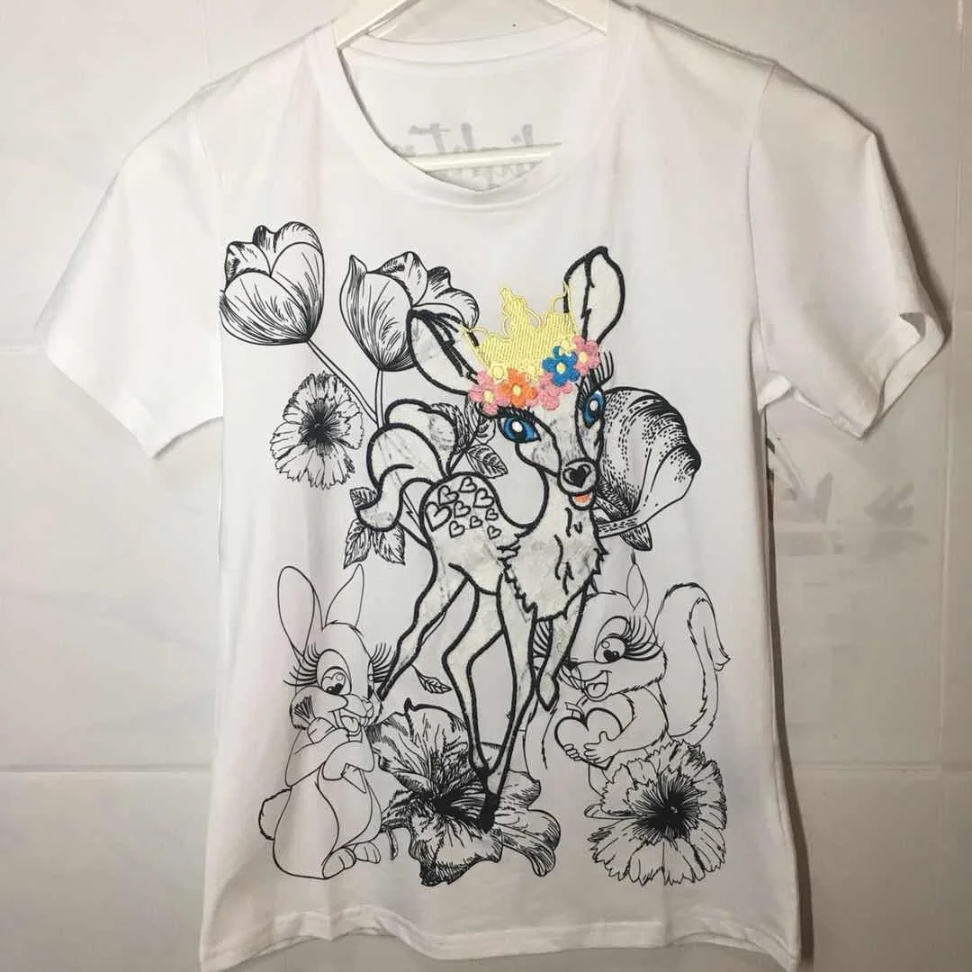 

2021 Women's New Short Sleeve High Quality Embroidery Print Deer o-neck cotton fashion t-shirt