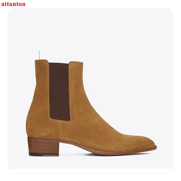 

Fashion Men Short Boots Brown Suede Leather Slip-on Male Ankle Boots New Arrival Autumn Low Heel Office Formal Dress Shoes