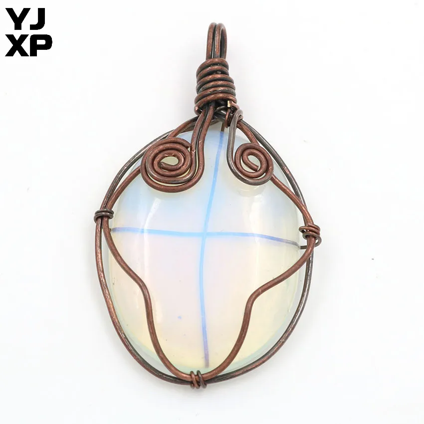 

YJXP Copper Plated Wire Wrap Opalite Opal Oval Shape Pendant Trendy Jewelry