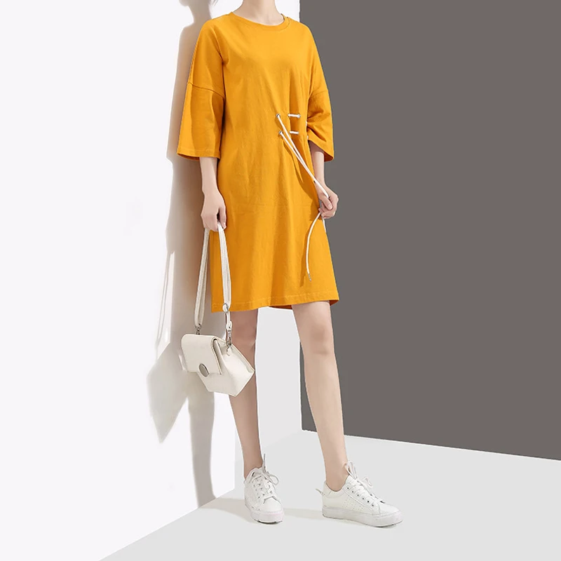 Hongsonghan Korean version 2018 fashion women's summer large size loose T-shirt dresses drawstring round waist knee length dress | Женская