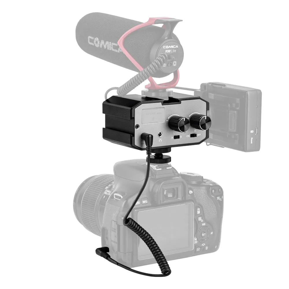 

Универсальный двухканальный микшер CoMica CVM-AX1 с аудиоразъемом 3,5 мм для цифровых зеркальных камер Canon Nikon Sony Panasonic