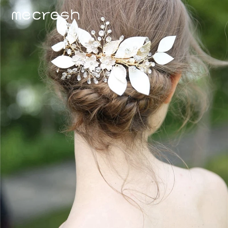Заколки для волос в виде кристаллов Mecresh расчески золотого цвета с цветами и