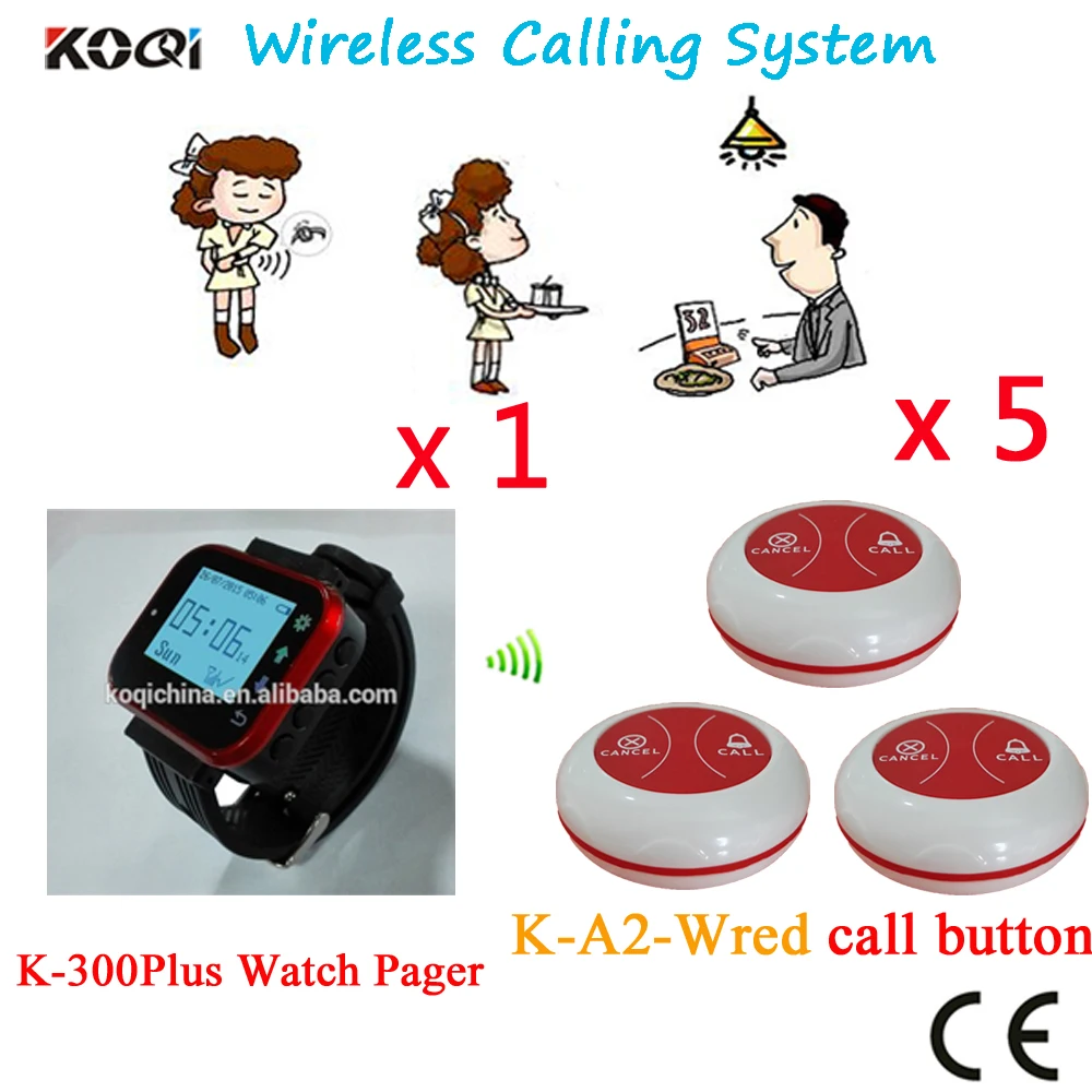 Wireless Waiter Calling System Nurse Call Restaurant Pager Watch Pack Wrist Watch And Call Button CE Passed(1 watch+5 button)