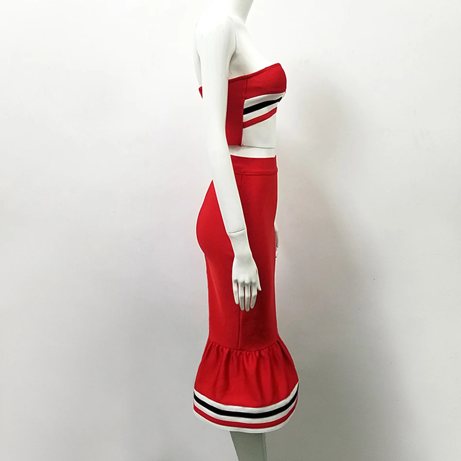 New fashion red two-piece ladies bandage dress sexy strapless fishtail stretch in the long calf club party 2020 | Женская одежда
