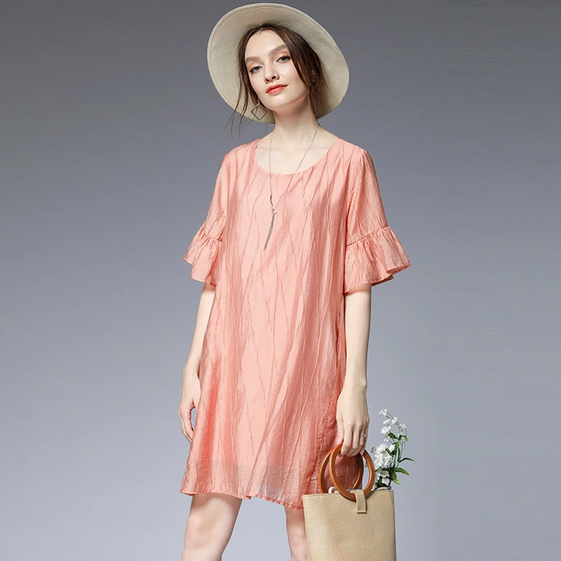 

Plus-size womens summer new fashion day silk big size butterfly sleeve dresses short sleeve High waist crew neck Elegant dress