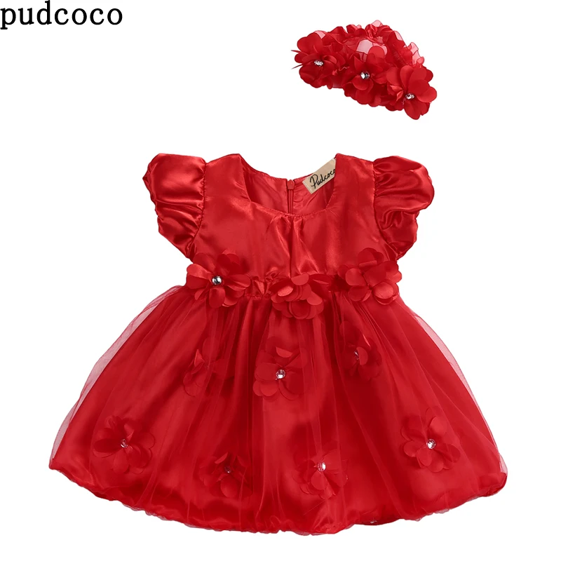 US STOCK Kids 2pcs 0-3years baby Girls Red Party Wedding Dress+Flowers headband Birthday Pageant Princess Tulle tutu Lace Dress | Детская