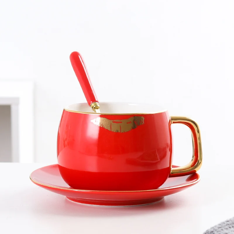 1-piece set Red Модный набор кофейных чашек с принтом губ, фарфоровый набор чайных чашек из костяного фарфора, Набор чашек и блюдцев, чайные вечерние стаканы, свадебные подарки - Цвет: 1-piece set Red