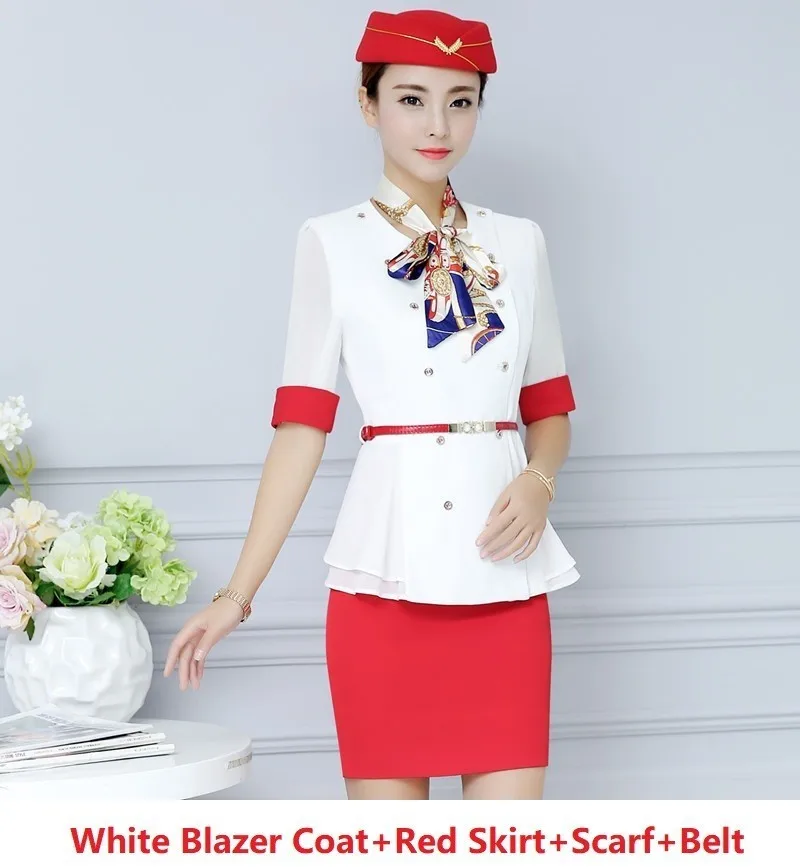 White 2 Новинка, красные блейзеры с коротким рукавом, костюмы с курткой+ юбка+ шарф+ пояс для женщин, Деловые женские костюмы стюардессы OL - Цвет: White 2