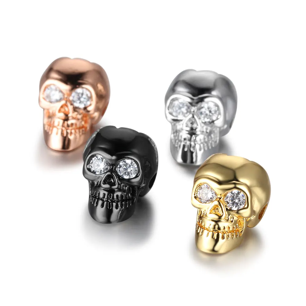 

2mm Hole Micro Inlays Zircon Skull Heads Metal Beads For Jewelry Making Plating Big Crystal Copper Beads Bracelet Accessories