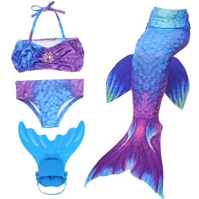 Purple Blue-Blue Fin Купальник для купания для девочек с бикини Ариэль хвост русалки для купания купальный костюм с плавниками для детей Русалка и нож для подводной охоты - Цвет: Purple Blue-Blue Fin