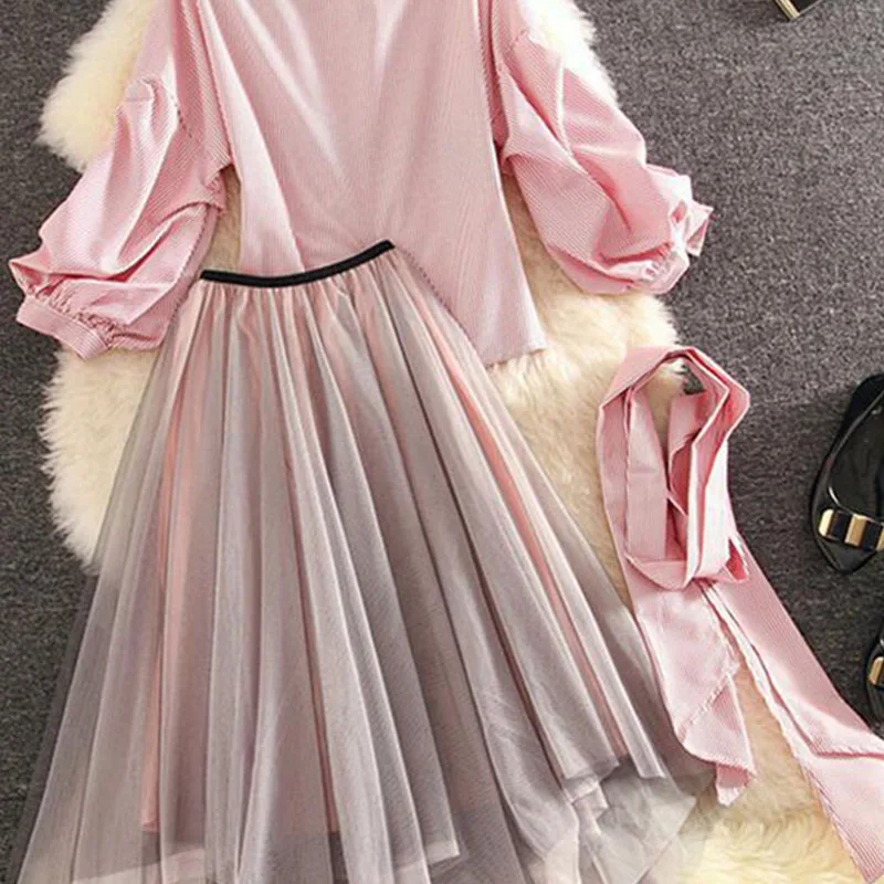 OLGITUM Vintage Spring Summer 2020 Lace Vestido Suit Elegant Mesh Long Midi Slim Pleated Set Women's Two-piece WS113 | Женская