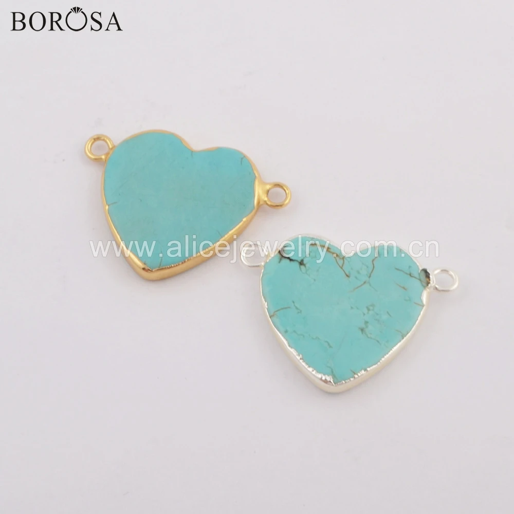 

BOROSA Heart Shape Gold Filled Blue Howlite Connector Silver Plated Double Charms for Necklace Jewelry Handmade G1782