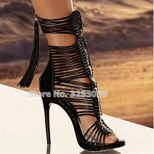 ALMUDENA High End Black White Thin Strappy Fringe Gladiator Sandals Stiletto Heels Cage Sandal Booties Tassel Dress Shoes Size43
