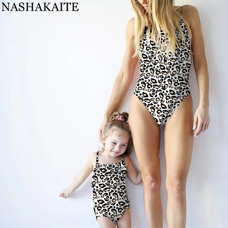 Leopard NASHAKAITE/купальник для мамы и дочки; летний Леопардовый принт; коллекция года; цельный купальник; одежда для мамы и дочки; одежда для купания для мамы и дочки - Цвет: Leopard