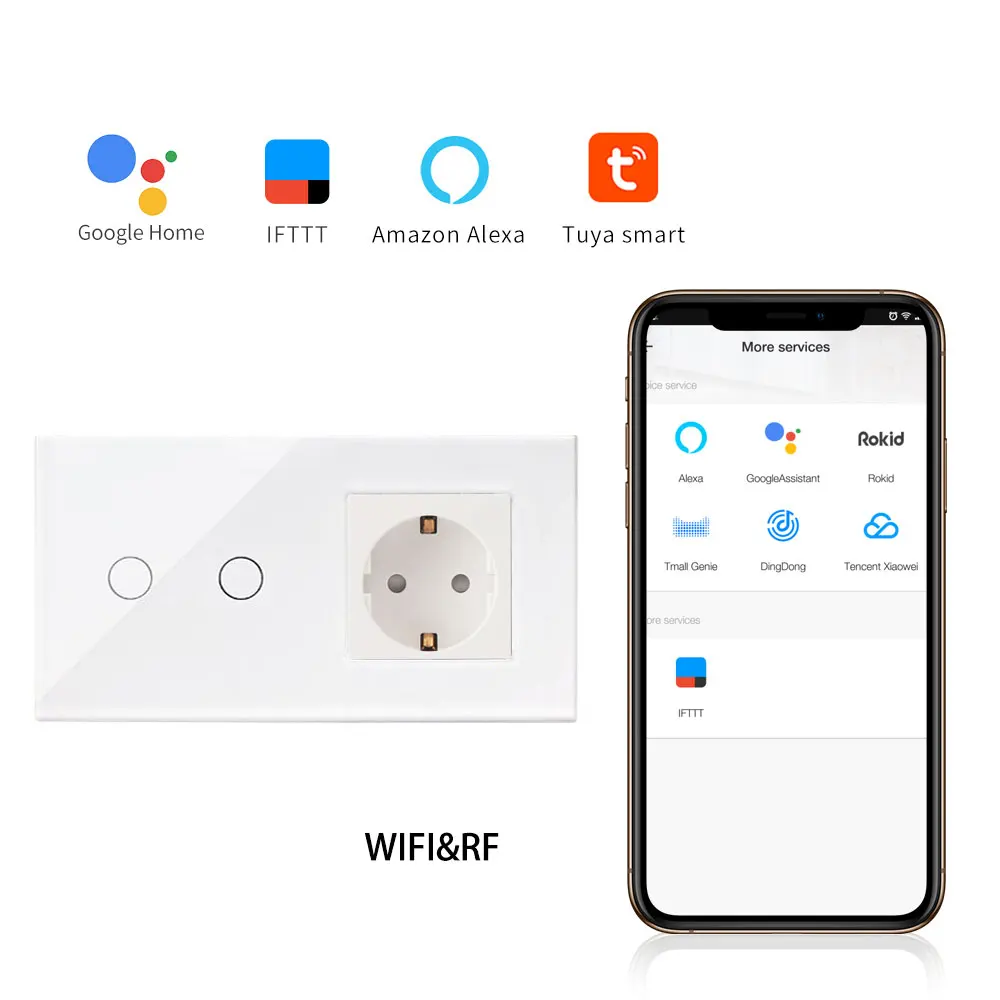 Bingoelec, стандарт ЕС, wifi, сенсорный переключатель, немецкая розетка, настенный выключатель, кристальная стеклянная панель, 2 комплекта, 1 способ, Беспроводной RF 433,92 переключатель
