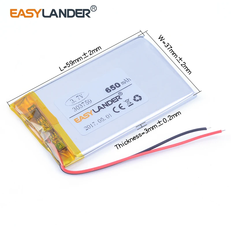

303759 3.7V 650mAh Rechargeable li Polymer Li-ion Battery For MP3 MP4 DVR Toys GPS PSP PDA speaker bluetooth earphone