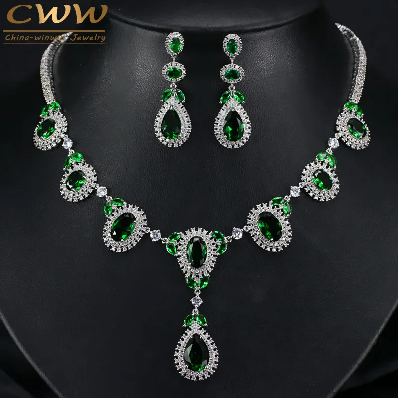 CWWZircons Brand Round Big Crystal Drop Green CZ Necklace Earring Sets For Women Luxury Wedding Jewellery Brides T256|earrings set for women|necklace