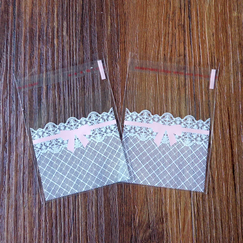 300pcs 7x7+3cm Lace and Bow Transparent Cookies Bags Self-adhesive Cellophane Bag Candy | Дом и сад