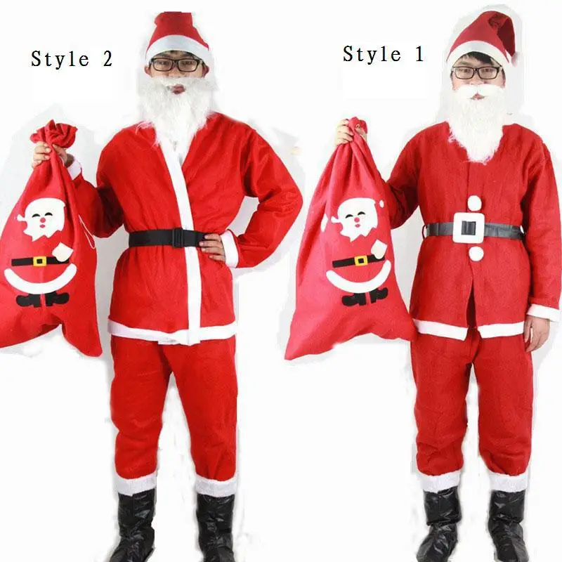 

Christmas non-woven adult men's Claus suit (top + pants + belt + beard + hat + boots + bag) clothing set high quality free shipp