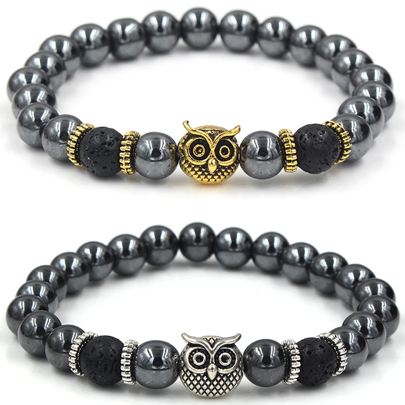 

Natural Hematite Stone Bracelets Antique Gold Silver Color Lion Helmet Owl Leopard Crown Charm Men's Beaded Bracelets For Men