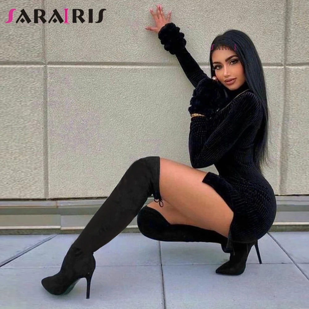 SARAIRIS/ г. Новые пикантные ботфорты выше колена, с защитой от выпадения женские черные сапоги на высоком каблуке с острым носком, размеры 34-43, женская обувь