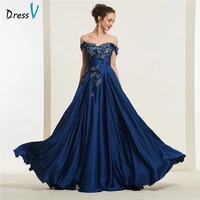 dressv navy blue long prom dress off the shoulder simple a line appliques zipper up floor length evening party gown prom dresses