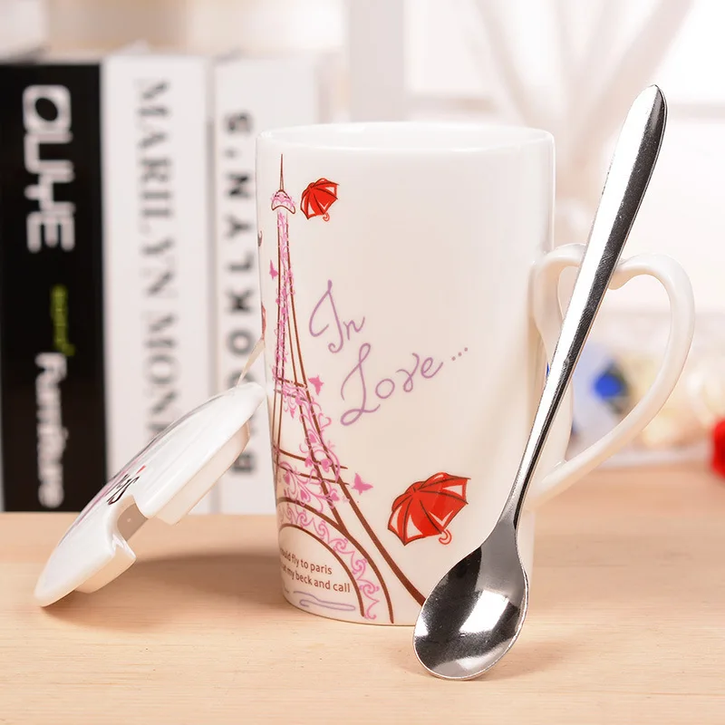 С рисунком Эйфелевой башни керамическая чашка офис пара творческая ложка с
