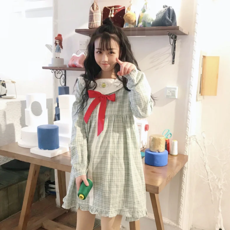 Kawaii платье лолиты весеннее женское японское милое студенческое платье с бантом и вышивкой в клетку летнее маленькое свежее платье