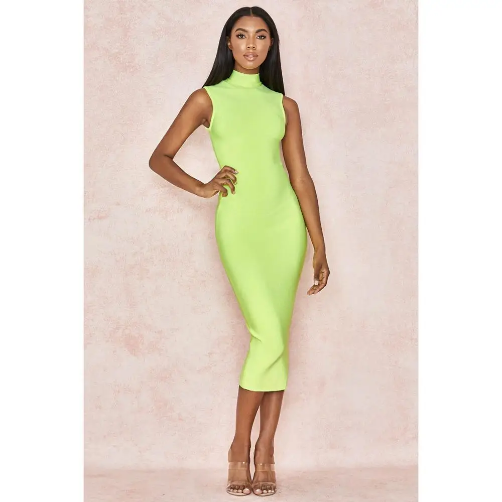 KLEEZY 2019 Celebrity Party Solid Neon Green Women Bandage Dress Vestidos Sleeveless Sexy Elegant Knee Bodycon Club HL8118 | Женская