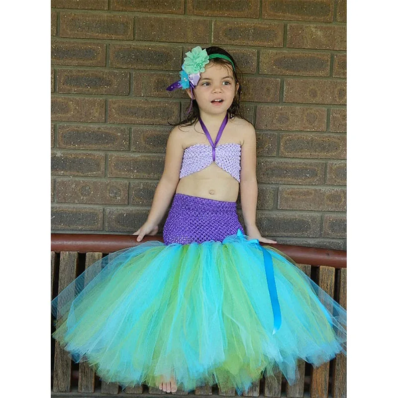Mermaid Girls Tutu Dress Princess Ariel Kids Tulle with Flower Headband Costume Under the Sea Birthday Photo Prop | Детская одежда и