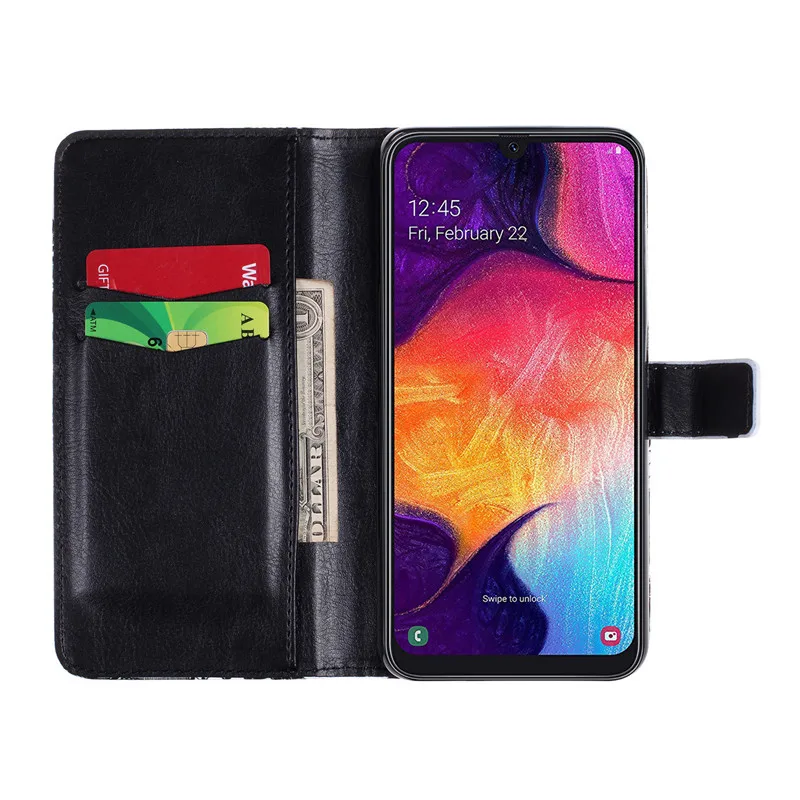 Кожаный чехол книжка с откидной крышкой для Samsung A70 перо бабочка цветочный принт
