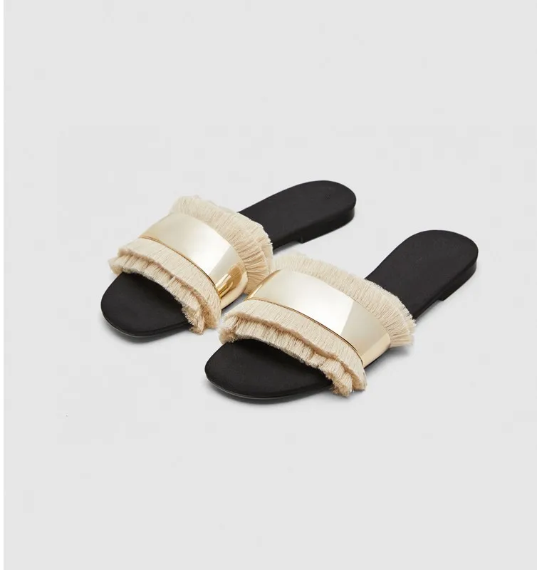 

sandals femme 2022 nouveau black beige women flats slippers gold metal decor ladies slides fringe beach shoes casual sandals