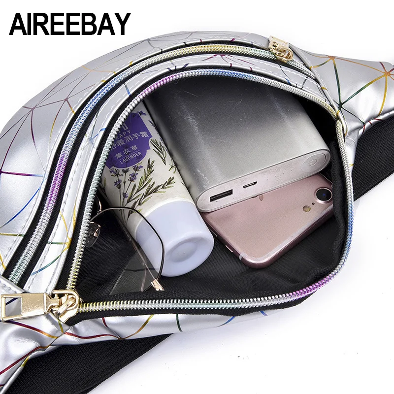 Поясная голографическая сумка AIREEBAY для женщин серебристая дорожная блестящая