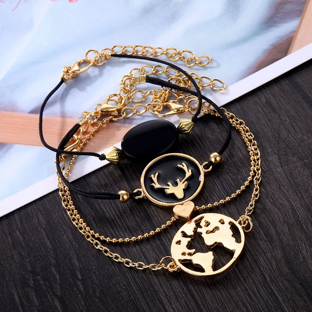 4 шт./компл. богемные винтажные браслеты с головой оленя черная цепочка из бисера