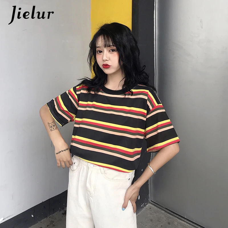 Jielur полосатая футболка Для женщин 2019 летнее платье в Корейском стиле для девочек