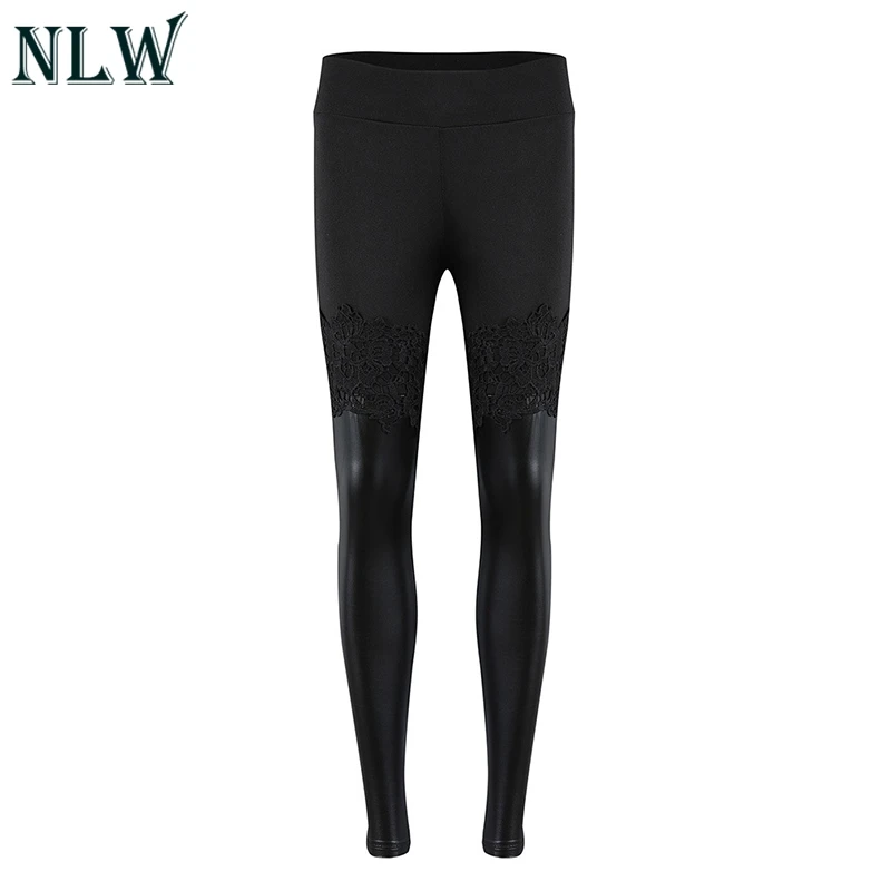 NLW черные женские штаны из искусственной кожи с кружевом эластичные Капри по